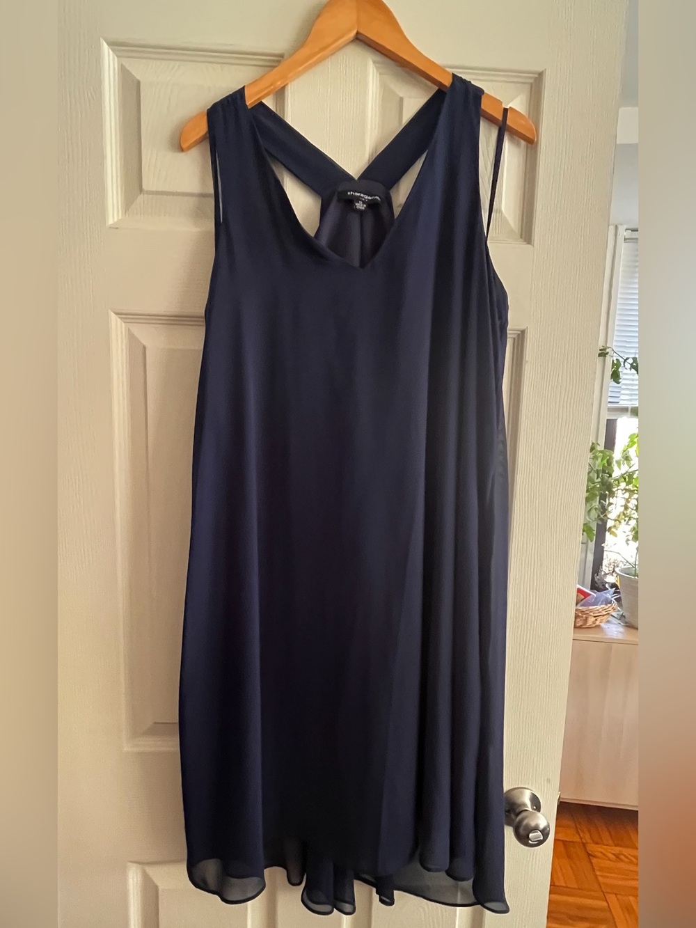 Navy Chiffon Swing Dress 14 Sleeveless V Neck Bow Back High Low NWOT Sharagano